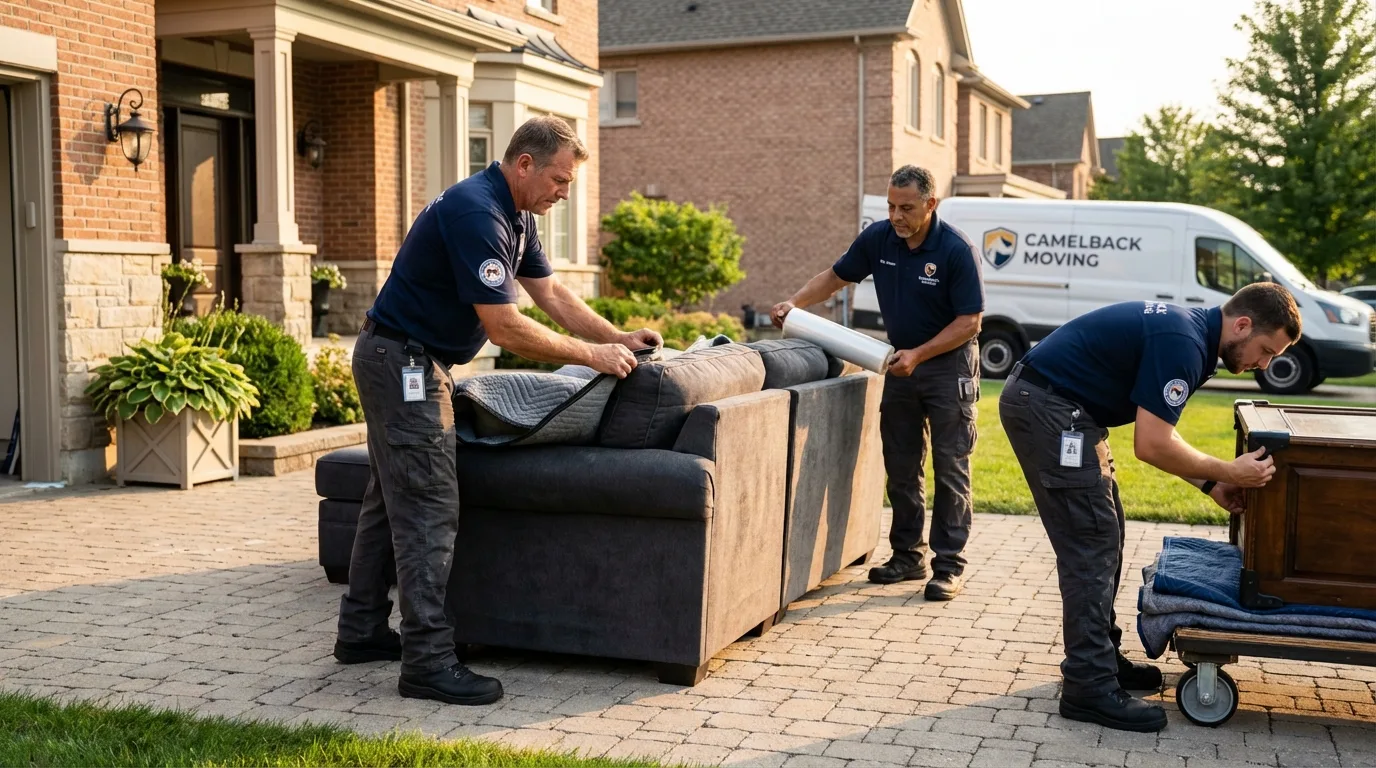 Large estate moving crew wrapping furniture in East Greenwich, RI