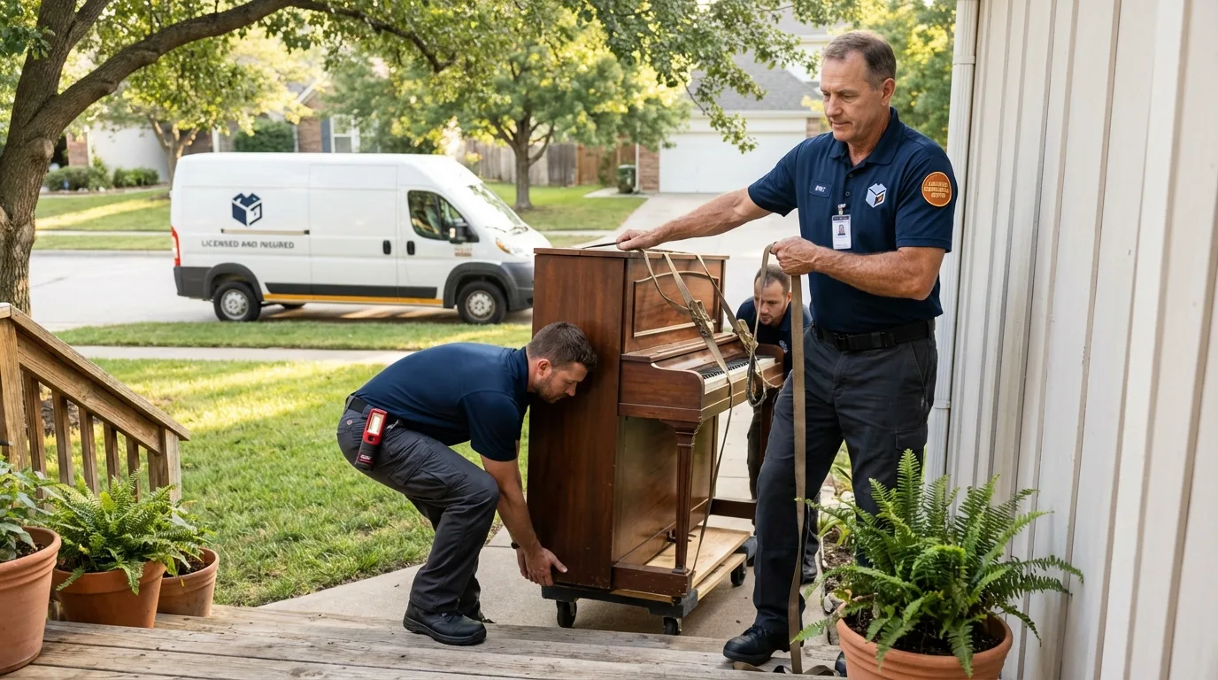 Licensed piano movers securing grand piano in East Greenwich, RI