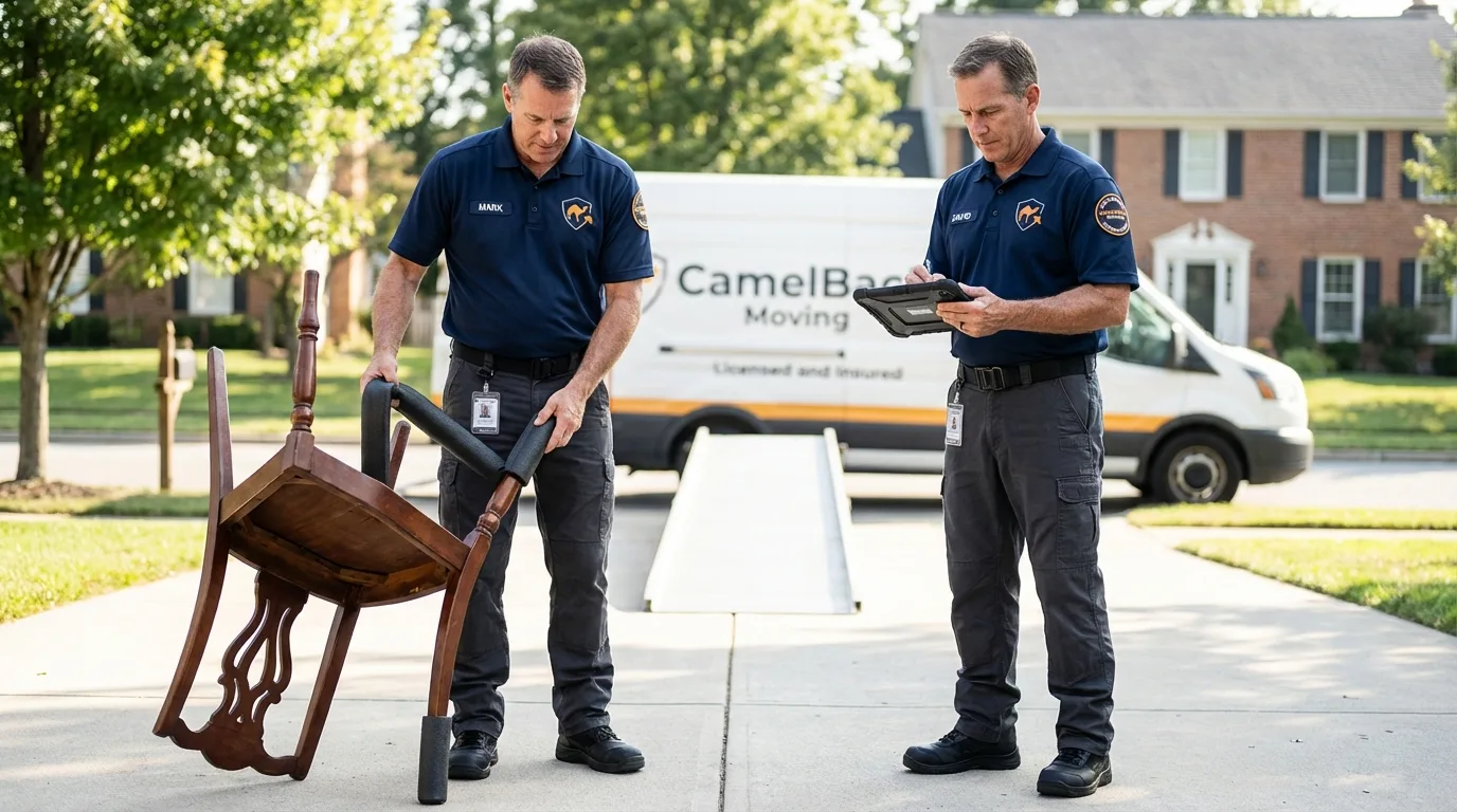 Movers inspecting furniture for damage prevention before loading in East Greenwich, RI