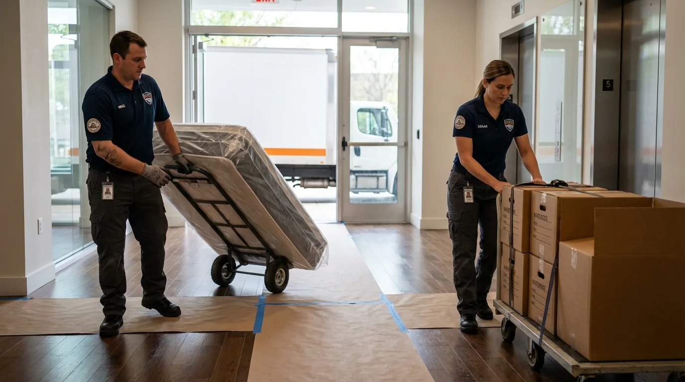 Professional apartment movers loading elevator in East Greenwich, RI