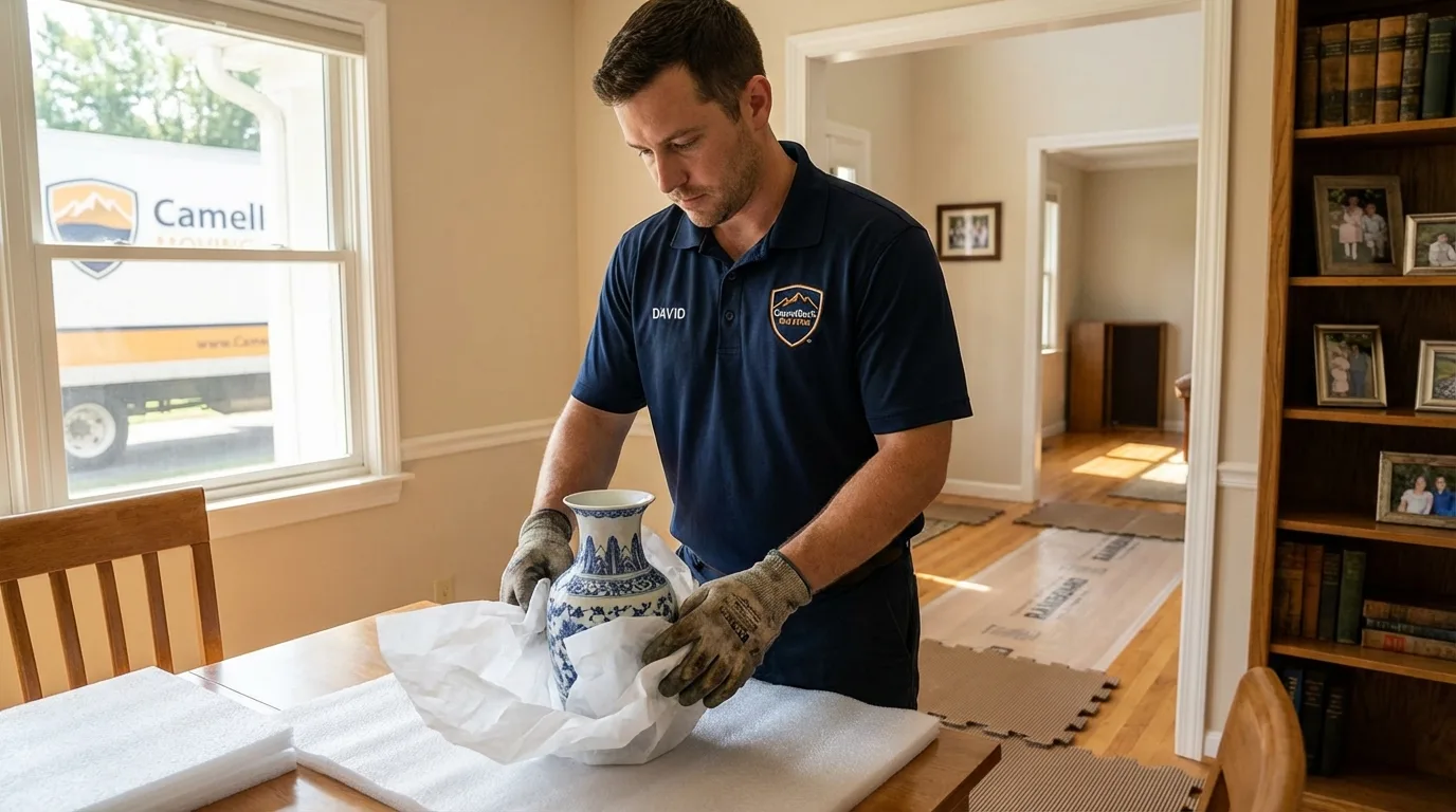 Professional crew carefully wrapping antique vase for senior downsizing move in East Greenwich, RI