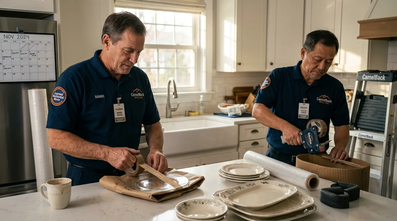 Professional crew packing kitchen dishware in East Greenwich, RI